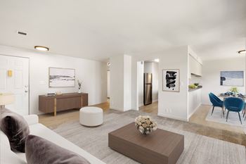a living room with white walls and a gray rug at Brix, Walla Walla, WA, 99362